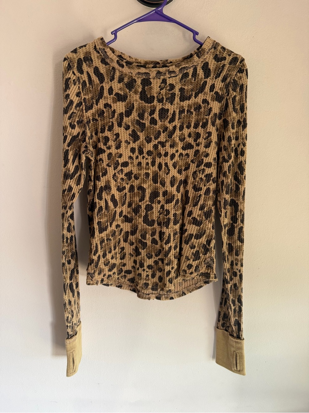 We The Free Free People Leopard Thermal Waffle Knit Long Sleeve Top L
